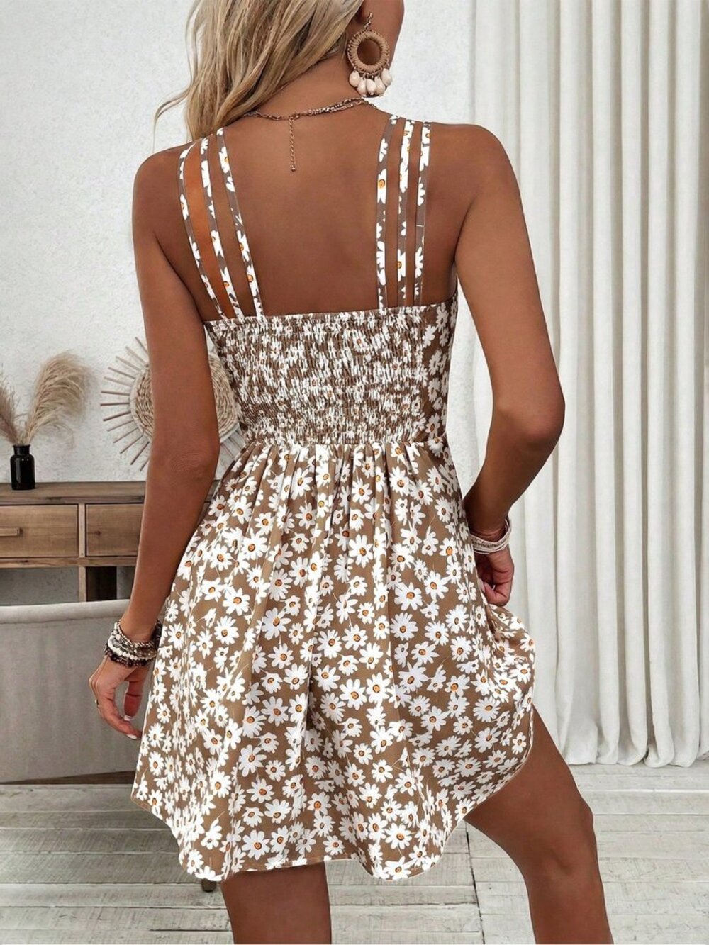 Khaki Boho Women's floral print Cami Dress - Picture 2 of 6